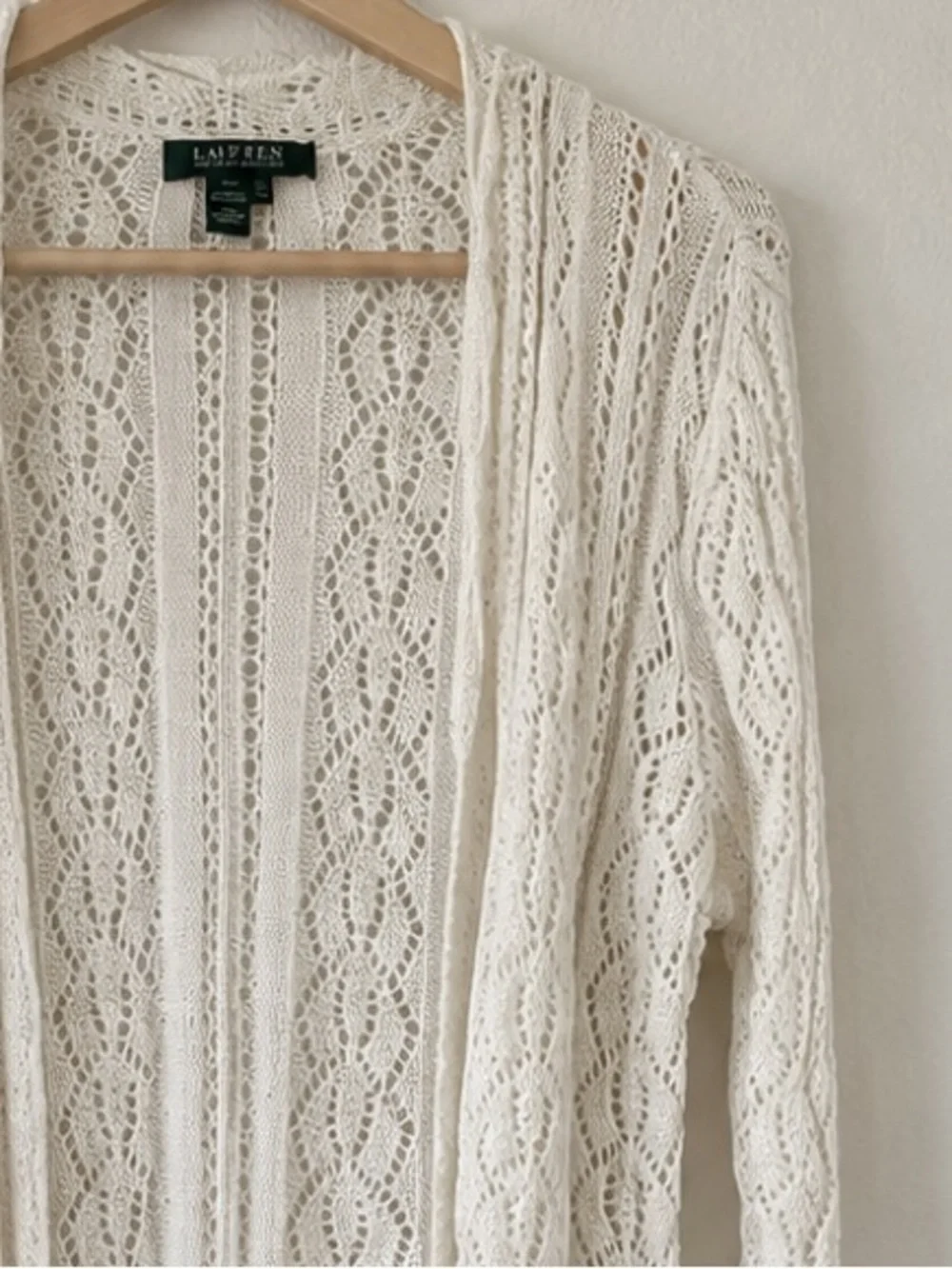 Lauren Ralph Lauren Ivory Crochet Open Knit Long Cardigan Duster Size L Cotton